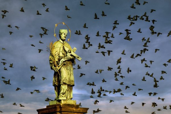 flock of birds flying over the statue of st john of nepomuk